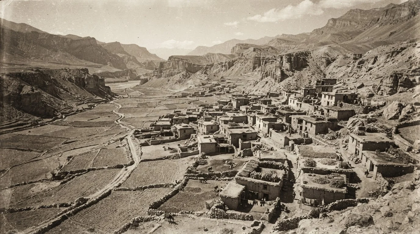 مجمعات سكنية وحقول مدرجة في وادي مكين، حوالي ١٩٣٠ · السلسلة المصورة لهيئة مساحة الهند