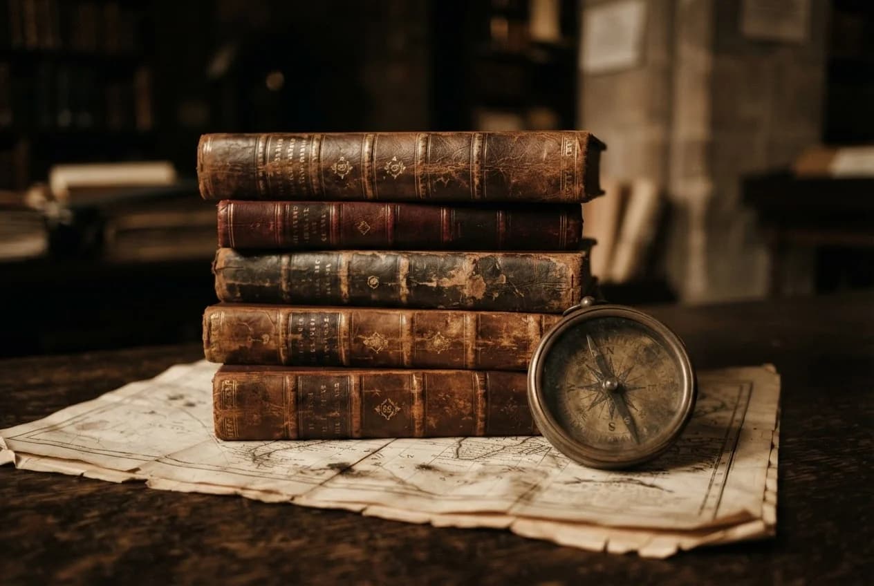 Antique leather-bound volumes resting on a folded map beside a brass compass